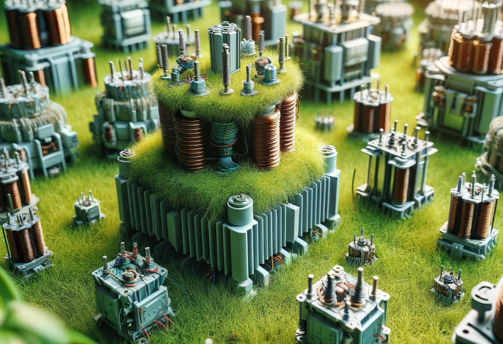 DALL·E 2023-11-30 12.37.43 - A close-up view of a garden with lush green grass, where various electronic transformers are scattered around. These transformers should be of differe